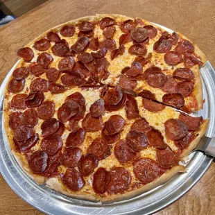 Large Pepperoni Pizza - LOADED with pepps and I love it! Crust is like a cracker and needs to be a touch thicker for me but still good.