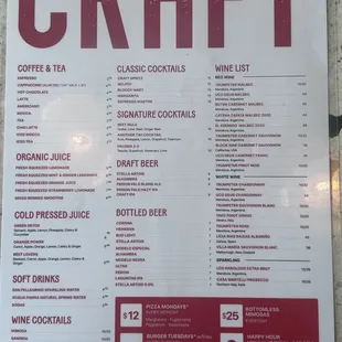 CRAFT menu (beverages)