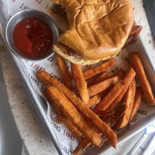 Bacon cheeseburger with sweet potato fries