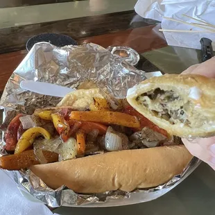 Kielbasa sub with fresh meat, mushroom, and sauerkraut pierogies