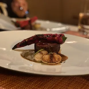 Grilled wagyu Denver steak eggplant and peppers