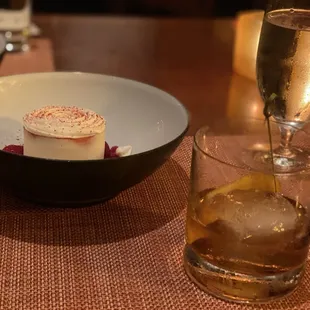COCONUT VACHERIN with hibiscus and strawberry and an old fashioned on the side.