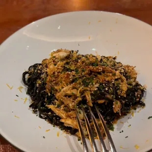 Spaghetti with crab, nduja squid ink pasta