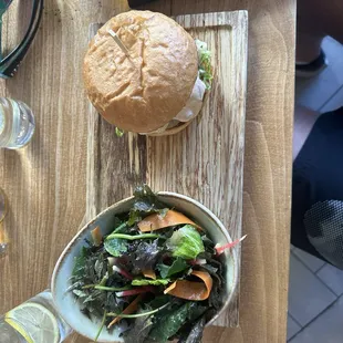 Hamburger and salad