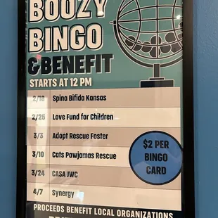 a sign for boozy bingo and benefit