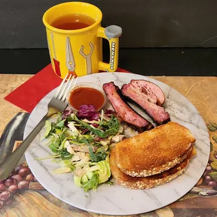 Craft Q ribs forming the Qornerstone of a tasty meal. Dipping sauce has a raspberry taste + nice spicy bite to me.