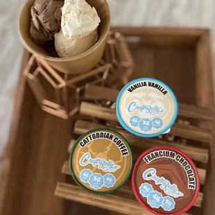 three different flavors of ice cream