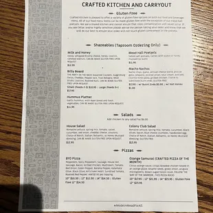 Appetizers, salads, and beginning of pizza menu