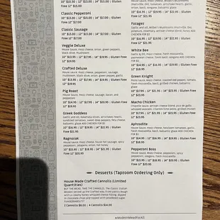 Pizza menu and Desserts