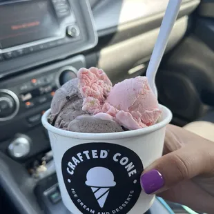 Mint chocolate chip, cookies n cream, and strawberry shortcake mini scoop on top.