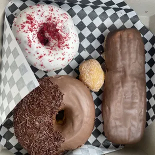 Red velvet, chocolate bar and chocolate donut