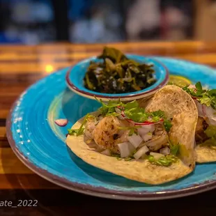 Grilled Shrimp and Fish Tacos with Duck Fat Braised Collard Greens