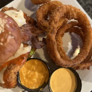 Spicy Fries Crafthouse Chicken Sandwich with onion rings