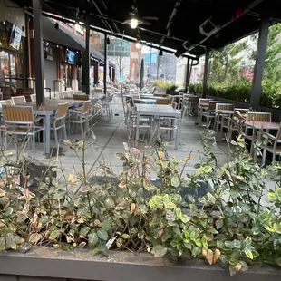 tables and chairs on a patio