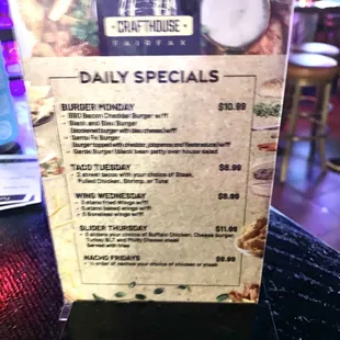 Daily food specials menu