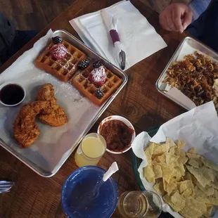 Chicken and waffles. Breakfast hash