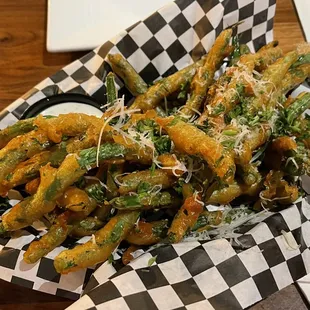 a basket of fried green beans