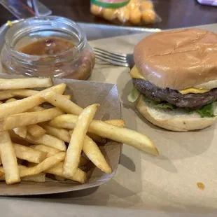 Crafty burger, fries and beans.