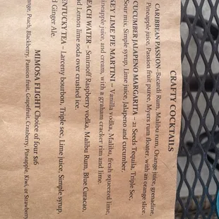 Current Cocktail menu