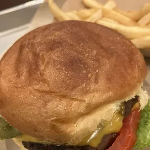 a hamburger and french fries