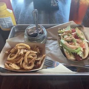 West Coast Dog, Onion Rings and Bread Pudding