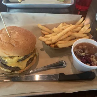 Build your own burger! Double burger! Yumm!!! Cowboy beans .. mehhhh