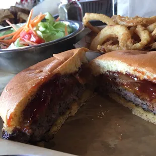 Crafty BBQ burger, side salad, onion rings. Delicious!