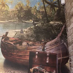 a painting of a boat on the beach