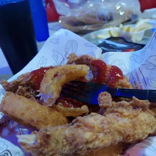 The Chicken Tenders Basket &amp; Onion Rings.