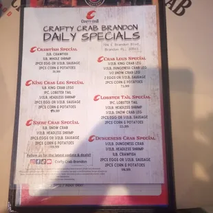 Daily specials menu
