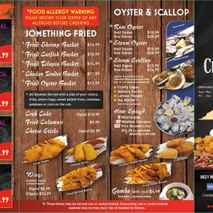 the menu for crafty crab