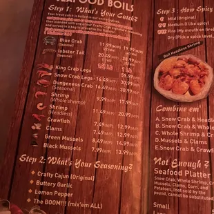 a menu for seafood boils