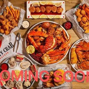 a spread of crab and lobster dishes