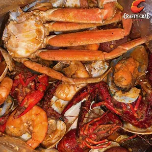 crab legs, shrimp, clams, and other seafood