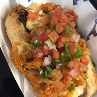 Build your own dog: dog, brisket, cheese sauce, fried onions, pico de gallo