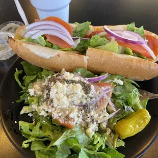 Spicy Italian sub and Greek salad