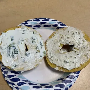 (L) Egg bagel w/ onion & chive cream cheese (R) Egg bagel w/ jalapeño cream cheese