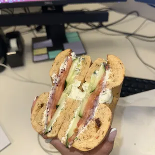 Sundried tomato bagel with chive cream cheese, cucumber, tomato, and onion 10/10