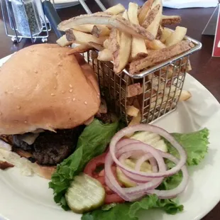 Bacon &amp; sauteed mushroom burger with Truffle Fries