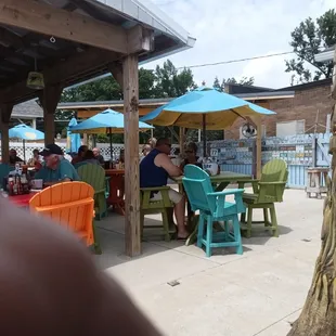 a group of people sitting at tables under umbrellas