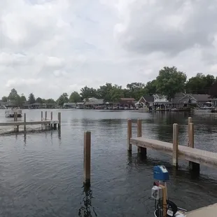 a view of a dock with a few people on it