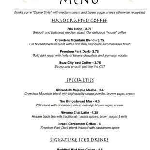 Coffee menu