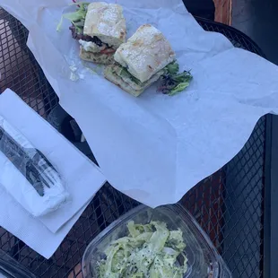 Broccoli salad and sage turkey sandwich