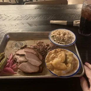 Smoked pork, smoked turkey, red slaw and cheesy apples