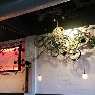 bikes hanging from the ceiling