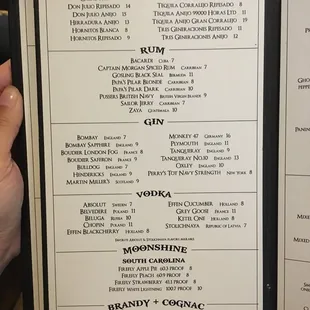 Tequila, Rum, Gin, Vodka, Moonshine, and Brandy