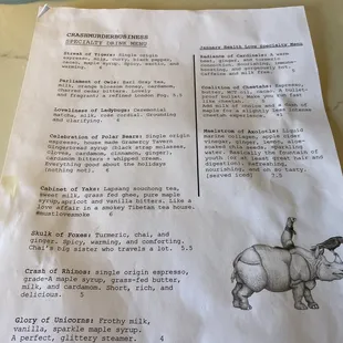 Detailed menu of some very interesting drinks