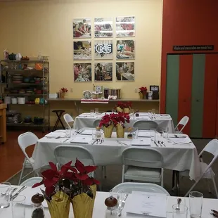 Set for a cooking lesson tonight (3 soups, and Foccacia). Students eat what they made, or what instructor demonstrated.