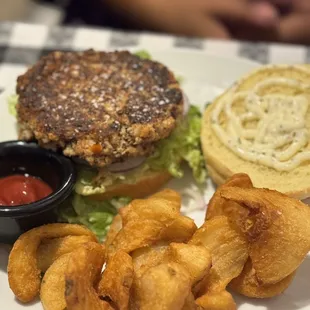Roasted Garlic Cauliflower Quinoa Burger with Beer battered fries