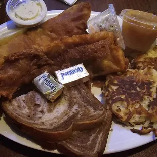Beer battered walleye (two large fillets) with potato pancakes